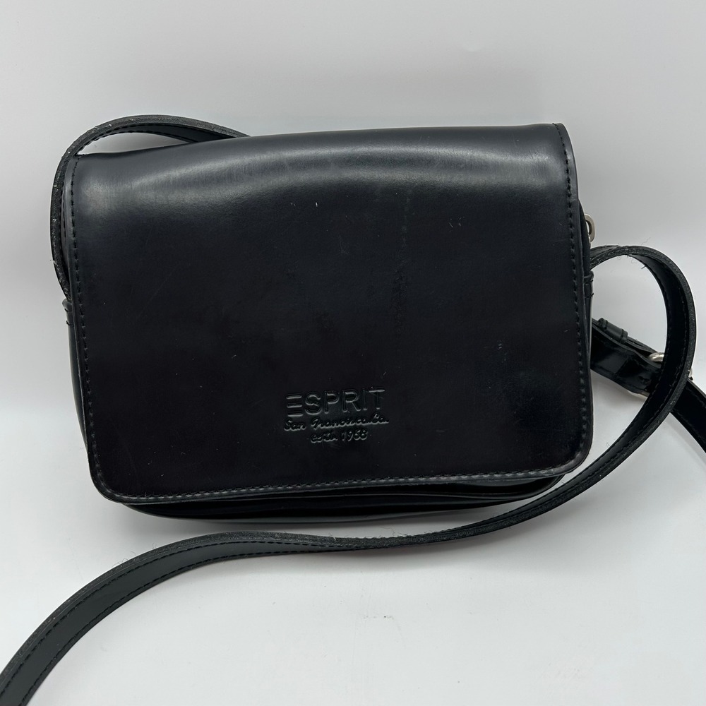 90s Esprit Black Faux Leather Crossbody Purse Adjustable Strap Y2K